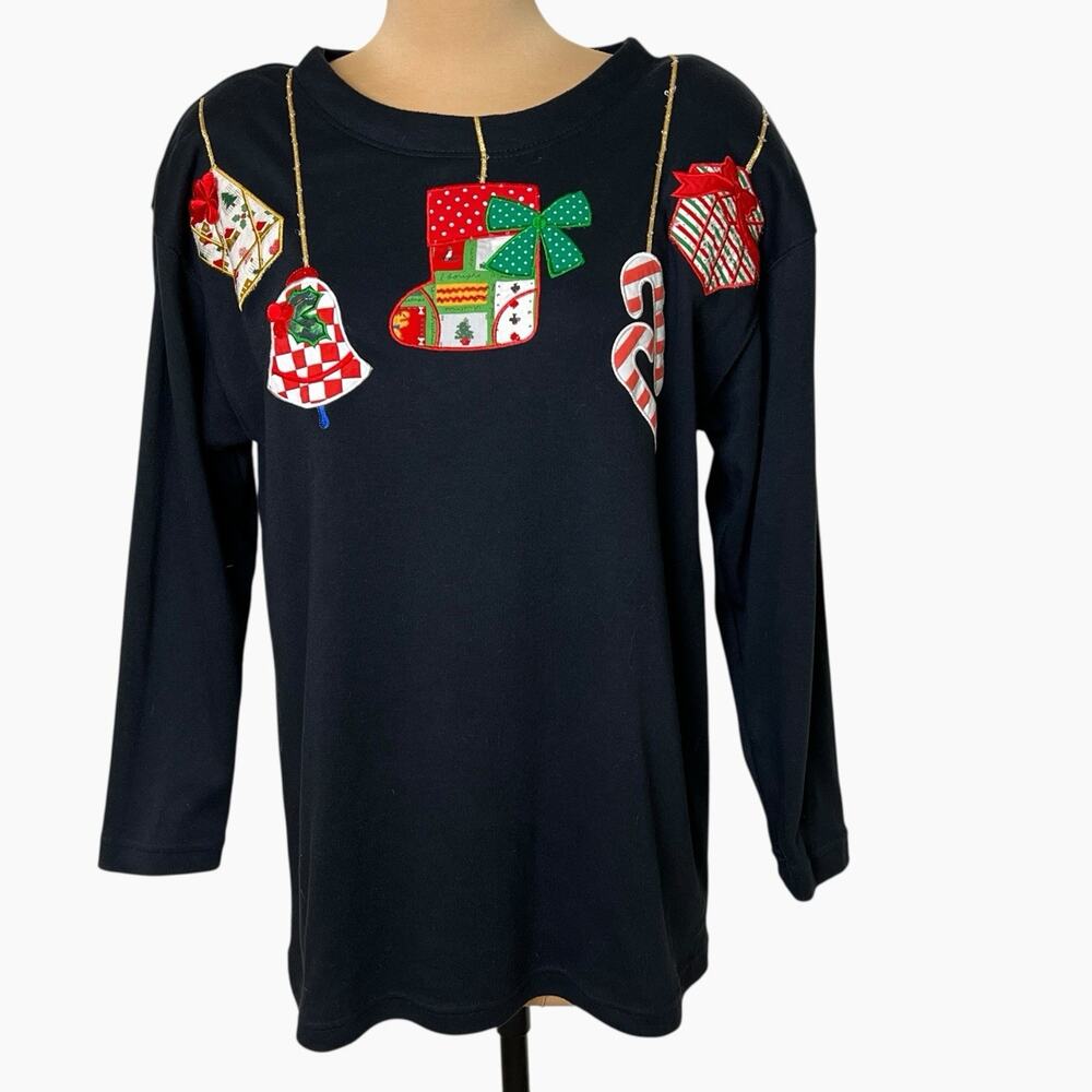 Vintage Chrysantheme Christmas Top Womens Medium Pullover Ornaments Holiday Fun